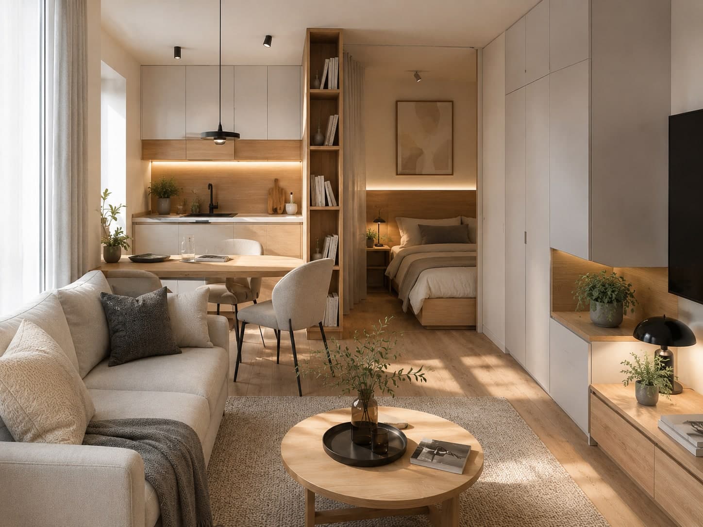 Wnętrze kompaktowego mieszkania 36/17 — wizualizacja